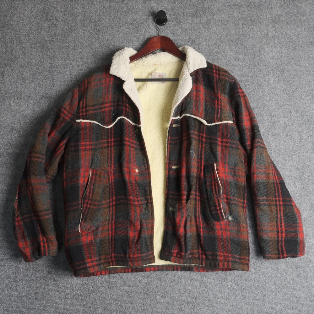 VTG Hayward Schuster Plaid Sherpa Lined Hunting Jacket Mens L Red Wool 40s 50s